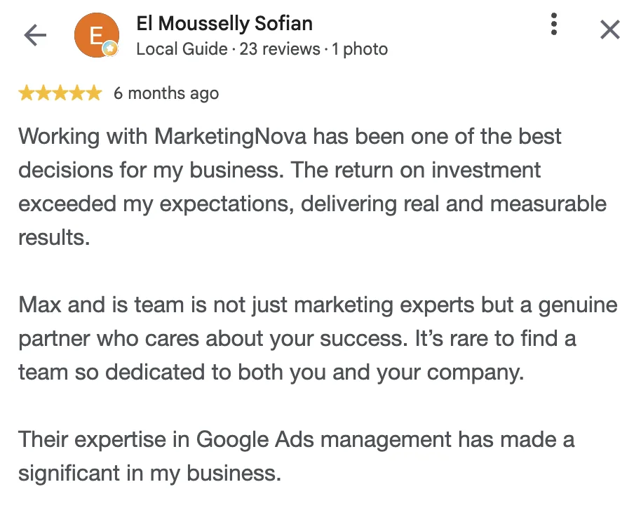 Avis Google d'El Mousselly Sofian sur MarketingNova