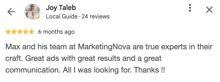 Avis Google de Joy Taleb sur MarketingNova