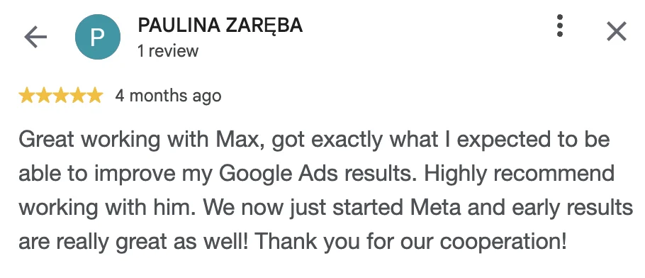 Avis Google de Paulina Zaremba sur MarketingNova
