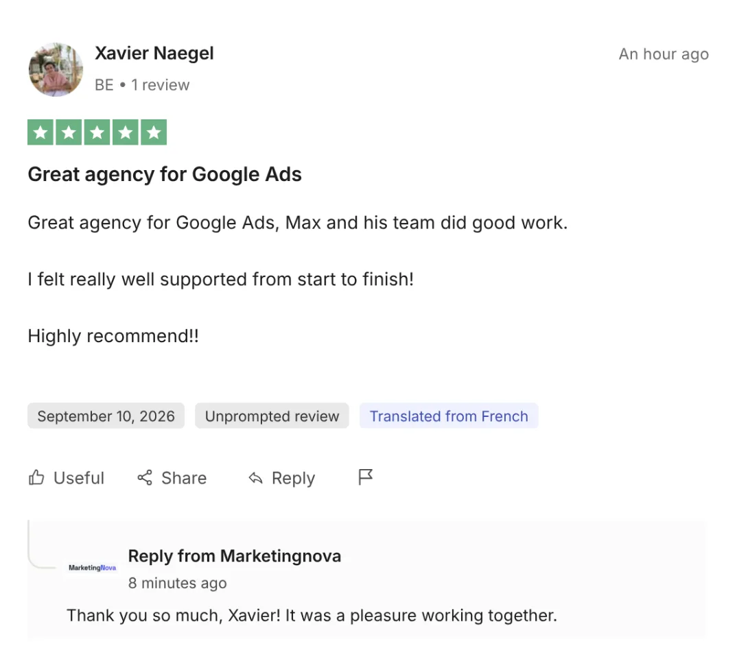 Avis Trustpilot de Xavier Naegel sur MarketingNova